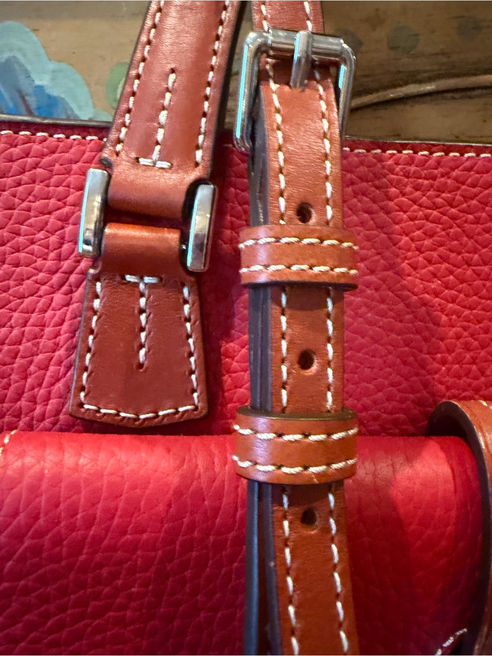 Dooney & Bourke Red Pebbled Leather Tote with classic Brown Handles - Picture 10 of 12
